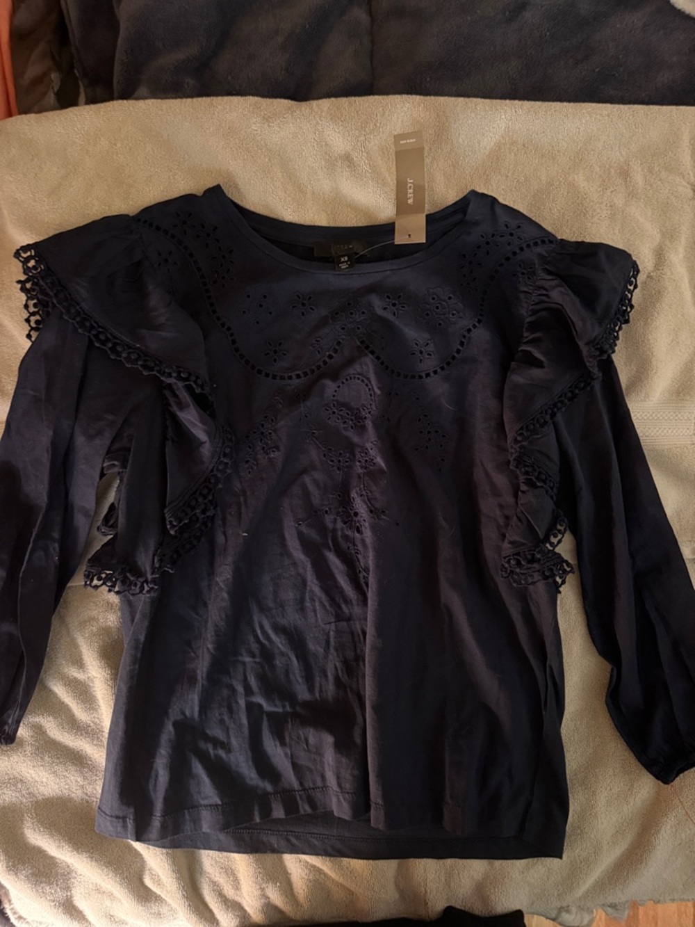 J. Crew Navy Eyelet Ruffle Long-Sleeve Blouse